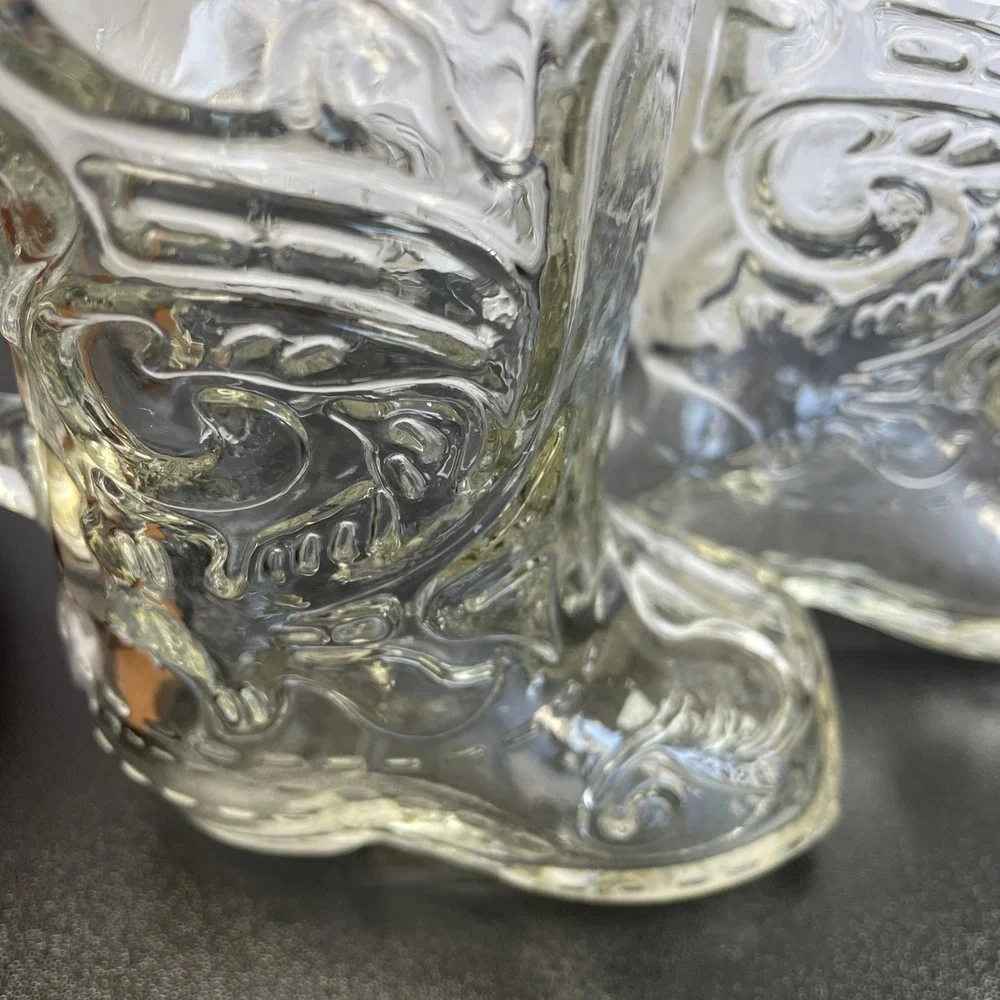 Vintage‎ lot of 2 Libbey Clear Glass Beer Mugs Cowboy Boots western bar ware